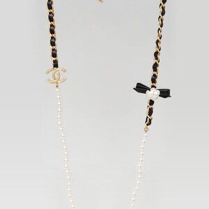 Chanel Faux Pearl and Chain Entwined Leather CC Long Necklace